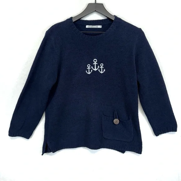 LULU B Sweater Womens Medium Blue White Nautical Anchor Coastal Pullover Beachy - Picture 1 of 8